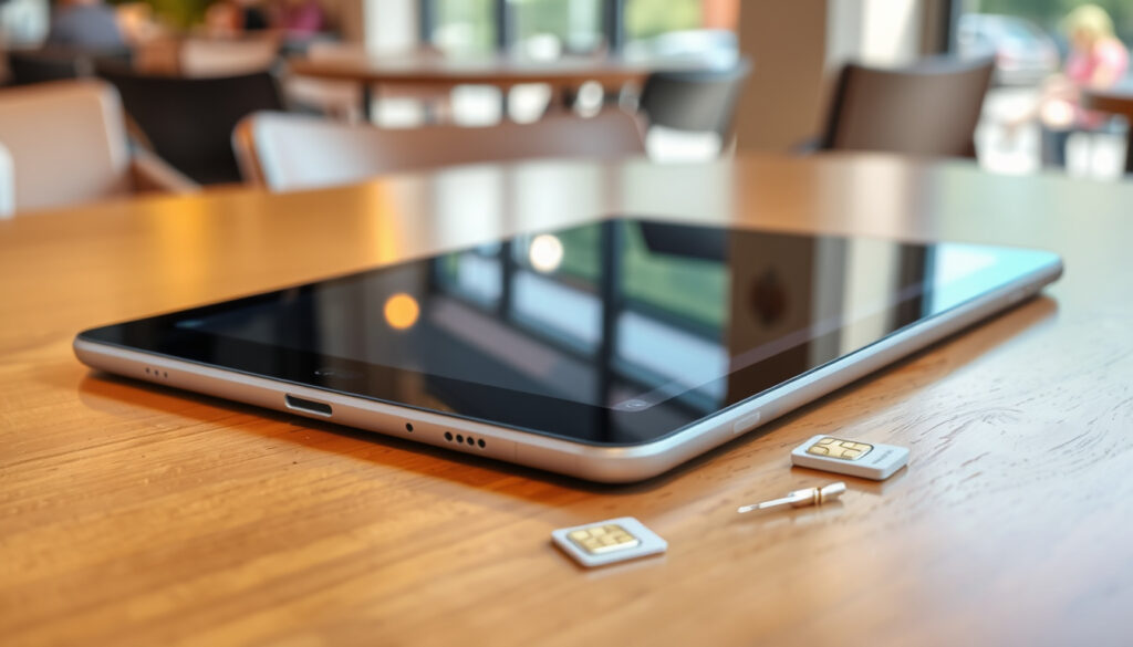 Pöydällä oleva pieni tabletti, jonka vieressä on nano-SIM-kortti ja tabletin pikaopas mobiililaajakaistan käyttöönottoa varten.