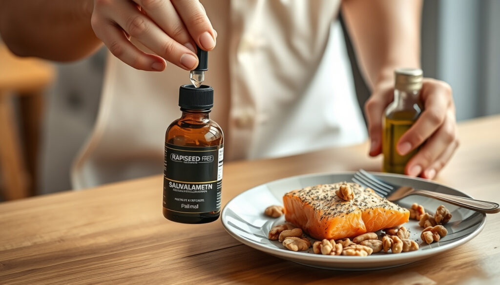 Kädet pitävät lisäravintepulloa pöydällä, jolla on lohiannos, saksanpähkinöitä ja rypsiöljyä omega-3-ravintolähteiden havainnollistamiseksi