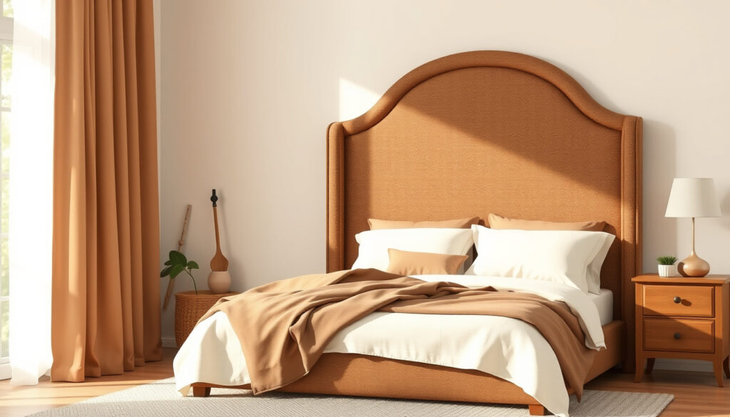 Makuuhuoneeseen mahtuva ruskea verhoiltu sänkyrunko patjalla ja tyynyllä yöpöytineen ja pehmeästi valaistuna