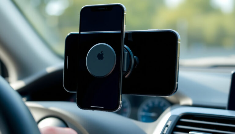 Magneettinen puhelinpidike kojelaudassa pitämässä älypuhelinta ohjaajan näköetäisyydellä autossa